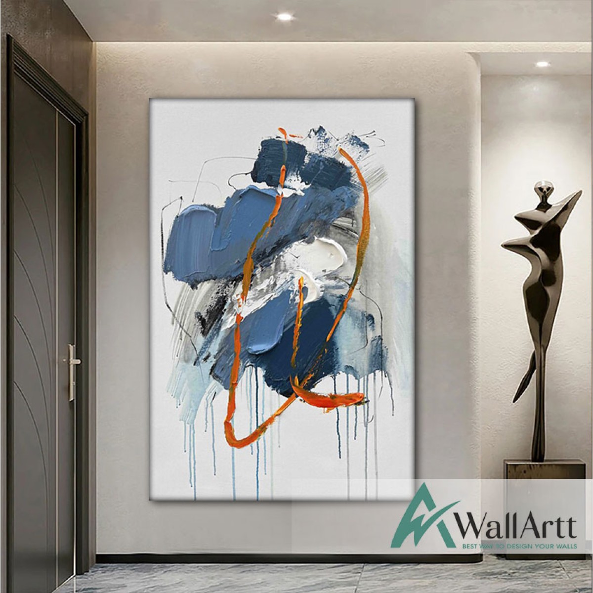 Abstract Blue with Orange 3D Heavy Textured Partial Oil Painting
